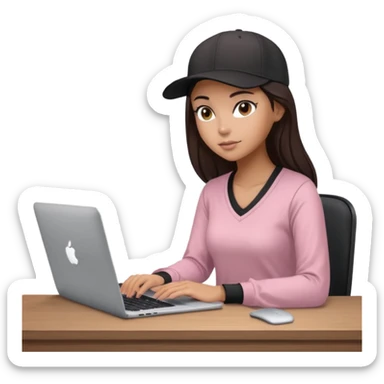 A professional 3D avatar of a young woman with olive skin and long, dark brown hair, wearing a dark, long-sleeved V-neck dusty pink shirt and a black baseball cap. She's sitting at a sleek wooden desk, typing and looking at a silver MacBook.  sticker