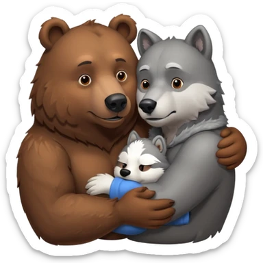 A beefy brown bear cuddling a grey wolf. Both of them are males and in love.  sticker