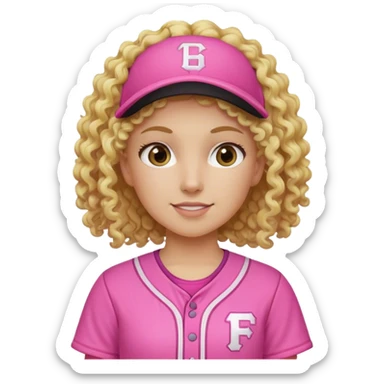 Female softball player blond curly hair pink outfit sticker