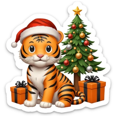 Happy tiger by a Christmas tree with gifts wearing a Santa hat in a decorated room sticker