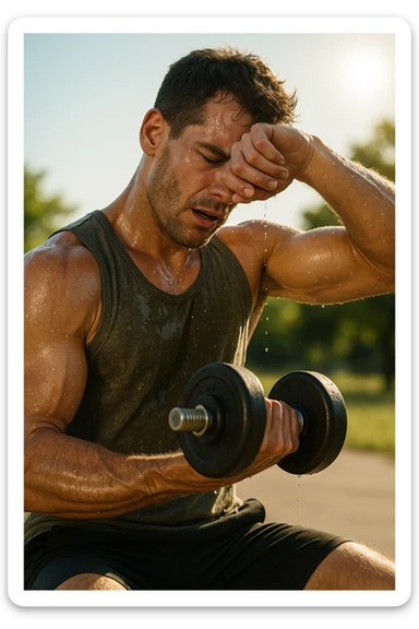 uomo fitness che si allena in estate, tutto sudato, con una mano fa un curl manubri mentre con l'altra mano si asciuga il sudore dalla fronte, espressione affaticata in volto sticker