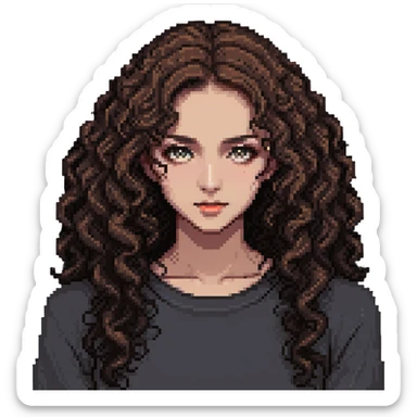 girl with longer curly hair parted on the side, dark eyes and light makeup sticker