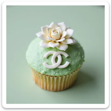 photorealistic pastel green Chanel cupcake with a white camellia flower and edible logo, no background sticker