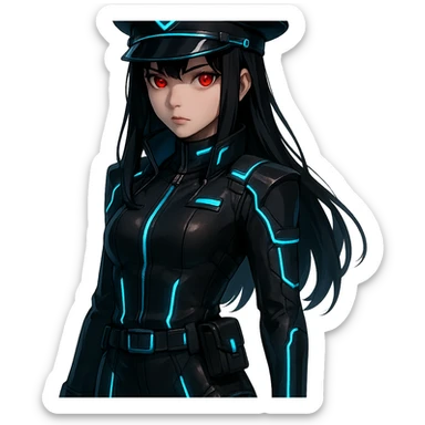 dark-haired, red-eyed girl in a cyberpunk-inspired officer uniform, futuristic, glowing accents, high-tech sticker