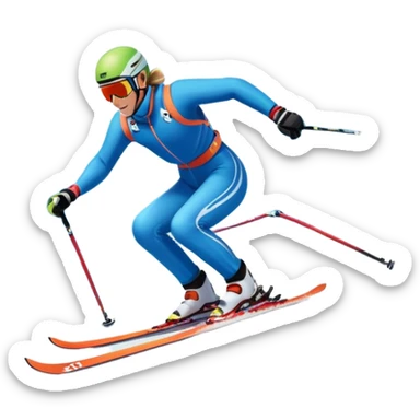 An icon featuring a skier racing down a snow-covered slope, surrounded by snowy peaks, pine trees, and a picturesque mountain landscape. The sky is blue with soft clouds, capturing the thrill and beauty of alpine skiing. Transparent background  sticker