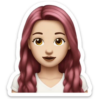 Long dark red middle part hair very Long lashes, white skin and pink lips, braces sticker