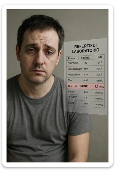 Un uomo caucasico di 35-45 anni, in CGI fotorealistico, che mostra i segni fisici ed emotivi di un basso livello di testosterone. aggiungere un referto medico semi-trasparente fluttuante accanto a lui, con valori di testosterone evidenziati in rosso. in italiano sticker