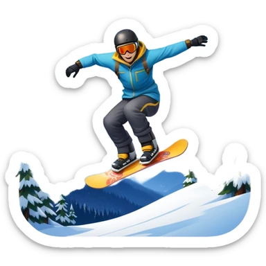 An icon showing a snowboarder performing an exciting jump on a snow-covered slope. The background features towering mountains, snow-covered trees, and a bright, clear sky. Transparent background highlights the speed, agility, and thrill of snowboarding. sticker