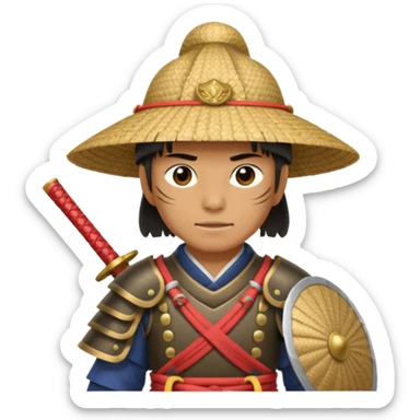 Samurai with straw hat, Warrior in armor holding wide hat sticker