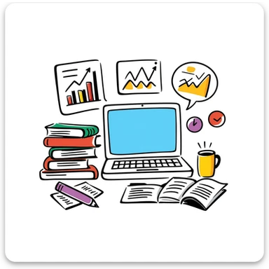 Academic research illustration showing a desktop with laptop, stacked reference books, coffee mug, and analytical charts and graphs. Hand-drawn colorful doodle with blue screen, vibrant book covers, and colorful data visualizations. sticker