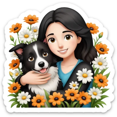 A girl happily hugs a black and white border collie in the flowers sticker