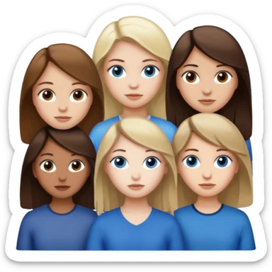 a trio of people where one girl in the back has white skin, brown hair, and brown eyes; another girl in the back has white skin, dirty blonde hair, and blue eyes; and the girl in the front has tan skin, dark brown hair and dark brown eyes. sticker