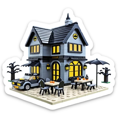  Ultra cute futuristic Lego Haunted Batman and pretty Catwoman dream house Caravan with picnic table and folding chairs alone at romantic night  sticker
