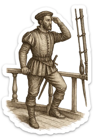 Jacques Cartier, French explorer, standing on a ship deck, looking at the horizon, 16th-century outfit, no background sticker