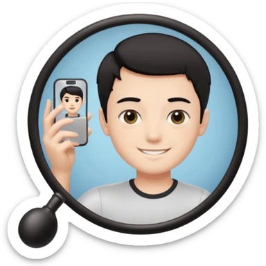 generate a pretty bratz fair skinned boy with short black hair taking a mirror selfie sticker