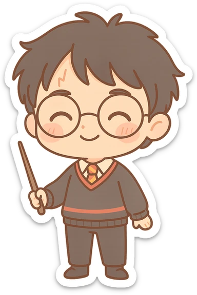 Chibi kawaii Harry Potter with exaggerated proportions (big head, small body), clean lines and dark brown thin outline, happy expression with closed arched eyes, subtle smile, rosy cheeks. Classic Gryffindor uniform: dark gray sweater with red and gold stripes, white shirt, red/gold striped tie, dark dress pants, black socks and shoes. Holding wand. Messy black hair, scar on forehead. Warm, earthy, pastel palette, light cel shading, neutral or transparent background. sticker