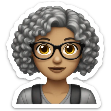 A White girl with curly black hair and glasses holding a Yorkie  sticker