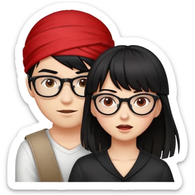 Девушка с темными волосами и ровной челкой, в очках ударяет парня с черными волосами уложеными вверх с красной банданой sticker