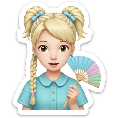 A pigtail girl in modern outfit using a pastel fan with playful expression. sticker
