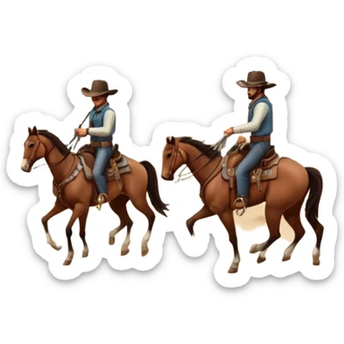 Icon for Western: A dramatic scene with cowboys on horseback, a dusty desert landscape, a setting sun. Include a classic cowboy hat, revolvers and an old wooden saloon in the background. capture the essence of the Wild West with rugged and adventurous details. Transparent background. sticker