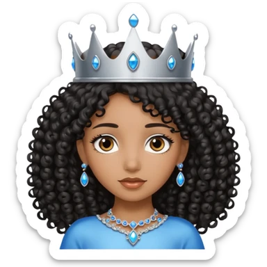 Por favor hazme el emoji de la princesa pero morena con el pelo negro y rizado, los ojos marrones y la corona plateada con jollas azules sticker