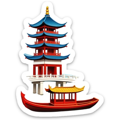 Hangzhou West Lake with traditional boat and bridge, simplified emoji style with bold outlines and bright colors, cartoon style pagoda by lake sticker