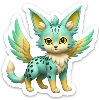Epic complex detailed pastel minty green, pastel beige yellow pastel realistic aesthetic-scenic-Fakémon-Zorua-Litten-Trico-Sergal-Serval-Vernid-creature (full body) with far wings, shiny sparkly fairycore theme  sticker