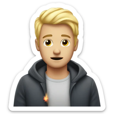 Blonde man sad on New Year’s Day with fireworks sticker