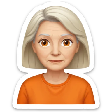 older white woman with orange shirt no smile sticker