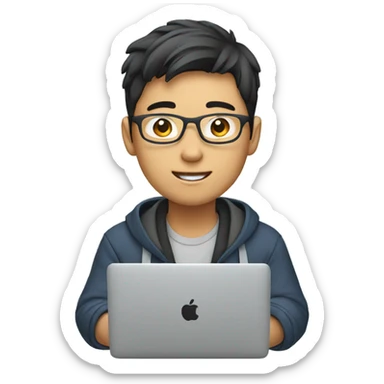 student Asian Person working on macbook laptop sticker