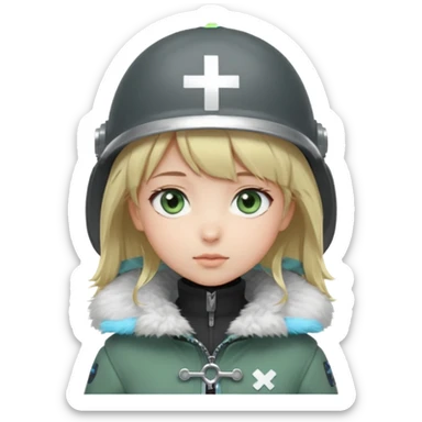 a cute anime girl with short blonde hair and soft bangs, large light blue eyes, and a gentle, calm expression. She is wearing a dark gray helmet with a small cross symbol on the front and a green coat with a fluffy white fur collar. Minimalistic, soft, and innocent character design. sticker
