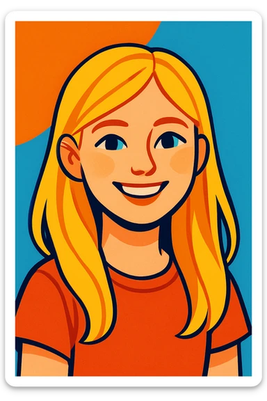 blonde girl, natural and warm smile, fair skin, long blonde hair, simple background, modern illustration sticker