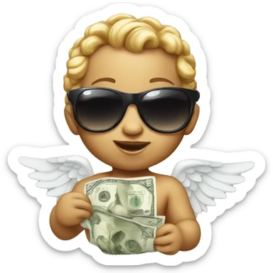 baby cupid with wings holding money and wearing sunglasses sticker