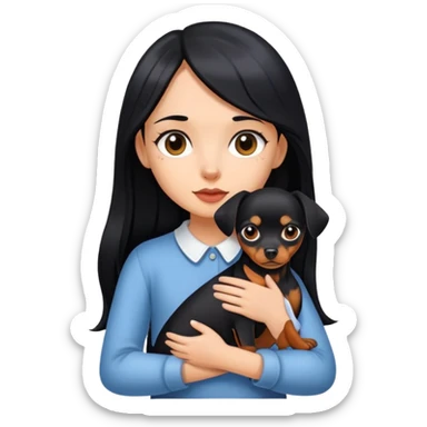 A girl with long black hair holding a Pinscher dog sticker