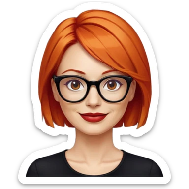 nữ 40 tuổi, da trắng,môi đỏ thẫm, tóc búi gọn gàng màu cam, đeo kính đen, mặt cười tươi, hơi có nếp nhăn, áo đen sticker