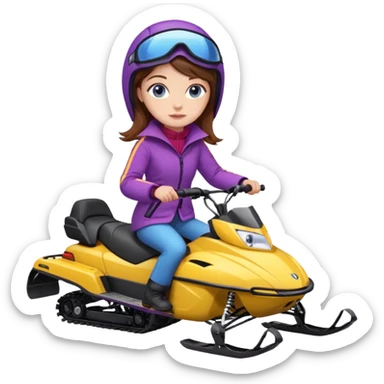 Brown hair, very blue eyes, Woman wearing red coat  on purple and yellow striped snowmobile sticker
