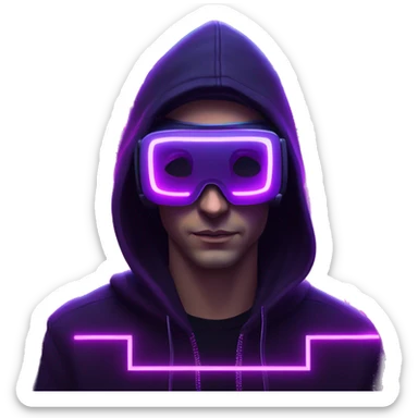 Russian man wearing a black hoodie with "OMG" letters on it and VR headset in a cyberpunk VR environment with violet neon lighting. sticker