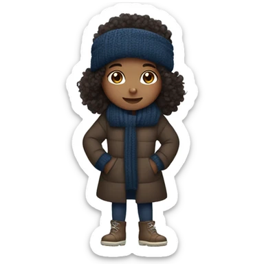 winter, christmas, hispanic, afro hair,  girl, brown eyes, child, full body, dark blue winter sweater, coat, headband sticker