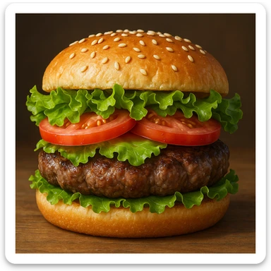 realistic hamburger with lettuce and tomato, vibrant colors, detailed style sticker