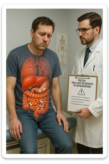 a man sits on a doctor’s examination table, looking fatigued and uncomfortable. A transparent anatomical overlay reveals his liver and intestines, both appearing inflamed and congested, with stylized supplement capsules and pills scattered throughout the digestive tract. The doctor stands nearby, holding a chart that highlights the risks of excessive supplement use. The mood is clinical and educational. in italiano iperrealistica sticker