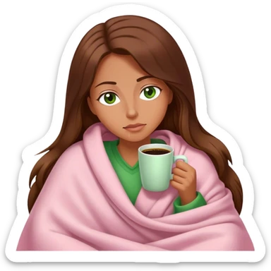 woman with very long brown hair and green eyes in a light pink blanket sleepy with coffee sticker