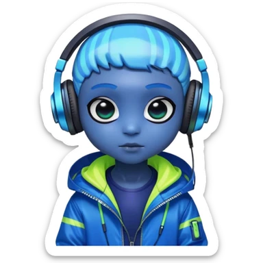 Kunka is a chibi alien with human features. His dark-blue skin shimmers with neon highlights, and his large black eyes radiate curiosity. He wears oversized neon headphones and a dark-blue windbreaker with cyberpunk stripes and a vibrant lining, exuding cool charm. sticker