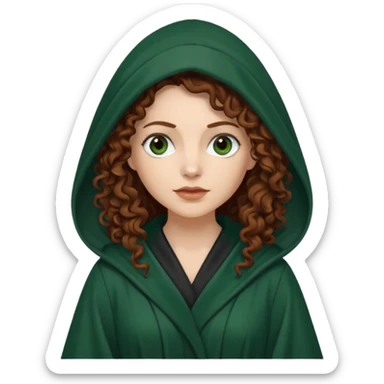 A white woman with long dark auburn hair robed and hooded like she's a Traitor in the tv show The Traitors. her hair is curly and the robe is a dark dark green sticker