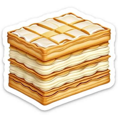mille-feuille-cinematic-realistic-mille-feuille-dessert-emoji,-depicted-as-a-rectangular delicate-pastry-composed-of-two-crisp-layers-of-puff-pastry-with-a-rich-cream-filling,-rendered-with-intricate-textures-and-elegant,-soft-lighting. Please only show two layers only. sticker