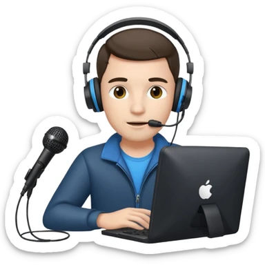 Man with headphones and microphone with computer. Operator sticker