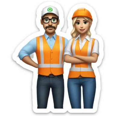 (madison beer as barista) standing next to (handsome blonde man, mustache, blue/green eyes, glasses, wearing white hard hat , orange safety vest, blue shirt) sticker