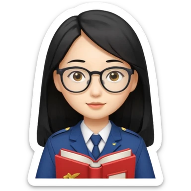 A student, asian girl, long black hair, wearing glasses, uniform, hold book in front of their chest sticker