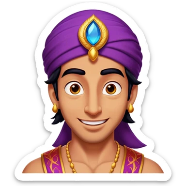 Cinematic Realistic Aladdin Portrait, head tilted dramatically with an exaggeratedly amused expression, featuring vibrant eyes and a slight, roguish grin. His detailed attire and subtle magical accents are brought to life with dynamic lighting and vivid textures, capturing a rare, playful burst of humor from a daring street-wise adventurer. sticker