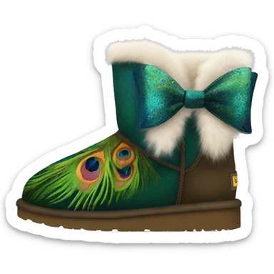 Realistic pair of ugg fur boot with a peacock pattern and bow on them. sticker