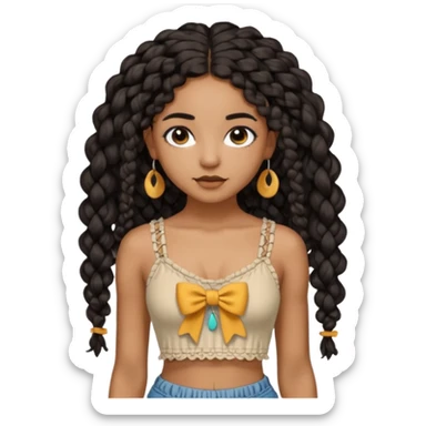 Girl with long black hair curly knotless boho braids mixed girl crop top with a bow on the crop top sticker